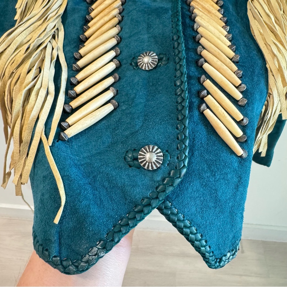 Vintage Teal Leather Jacket with Fringe - Picture 3 of 10